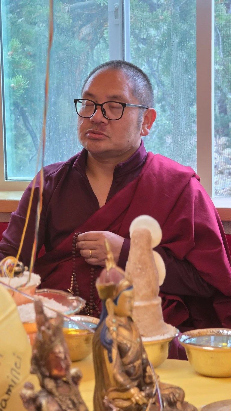 Adzom Gyalse Rinpoche conducting the Stupa contents Blessing ceremony with his Sangha