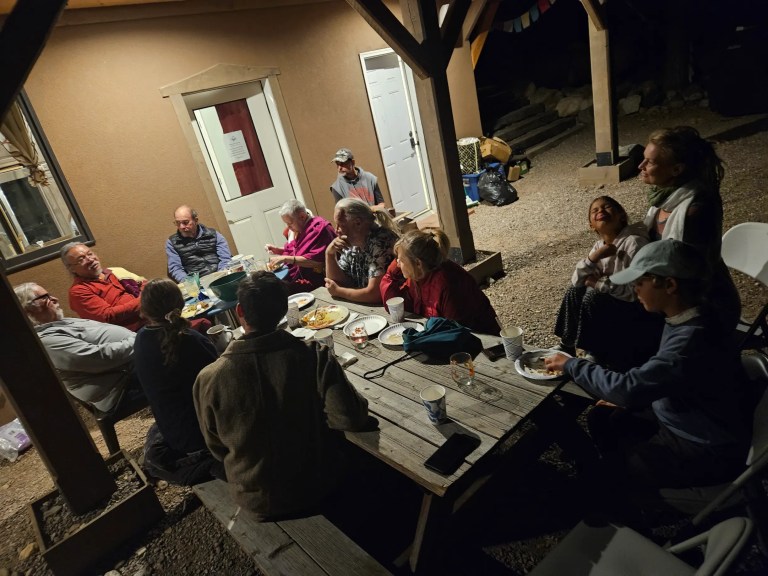 Stupa construction, taking a break, the community together, Crestone, CO